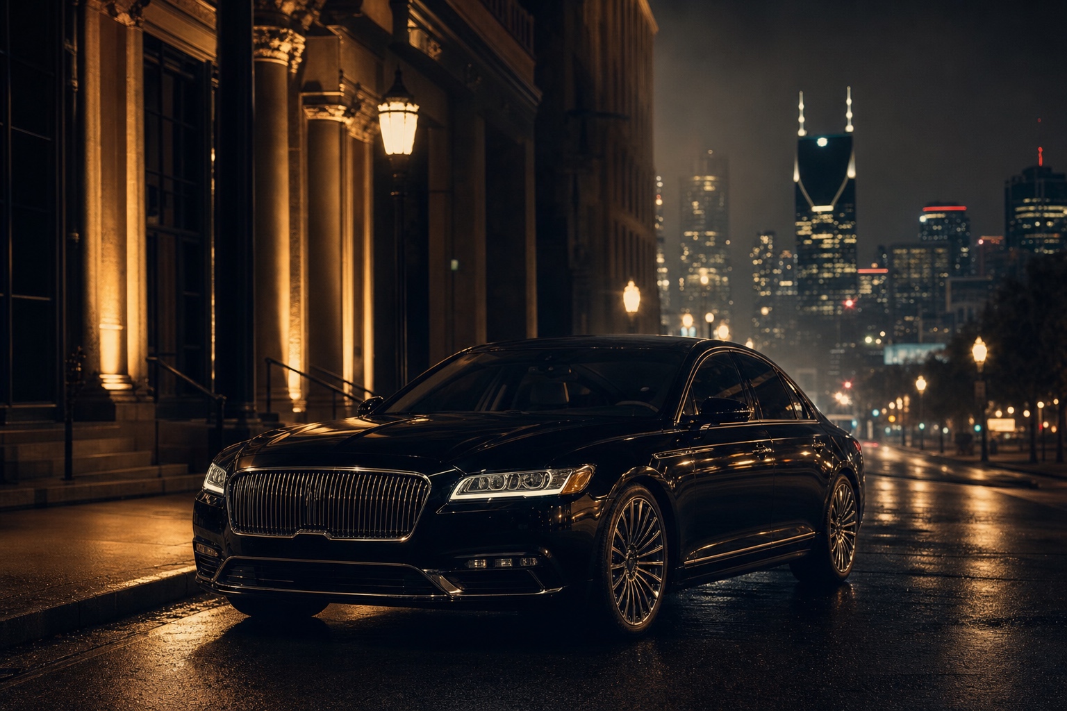 A polished black luxury sedan parked on a quiet Nashville street at night