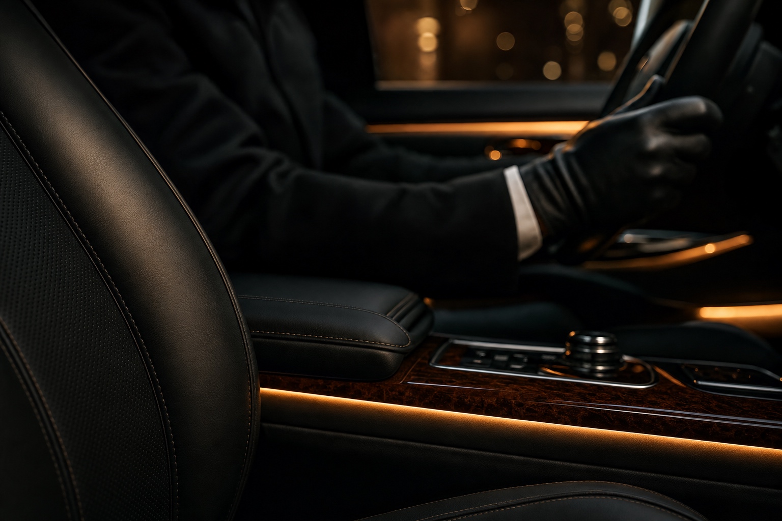 Detailed view of the black leather interior of a Haven Black vehicle, with warm ambient lighting